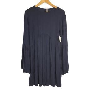 Go Couture Mini Swing Dress Navy Blue Pleated Bell Sleeves Boho NWT S
